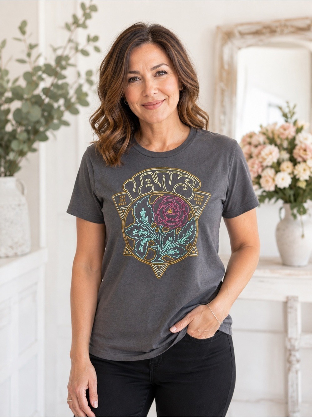 • Vans Rose Graphic T-Shirt Women’s XS Charcoal Gray Floral Off The Wall Tee